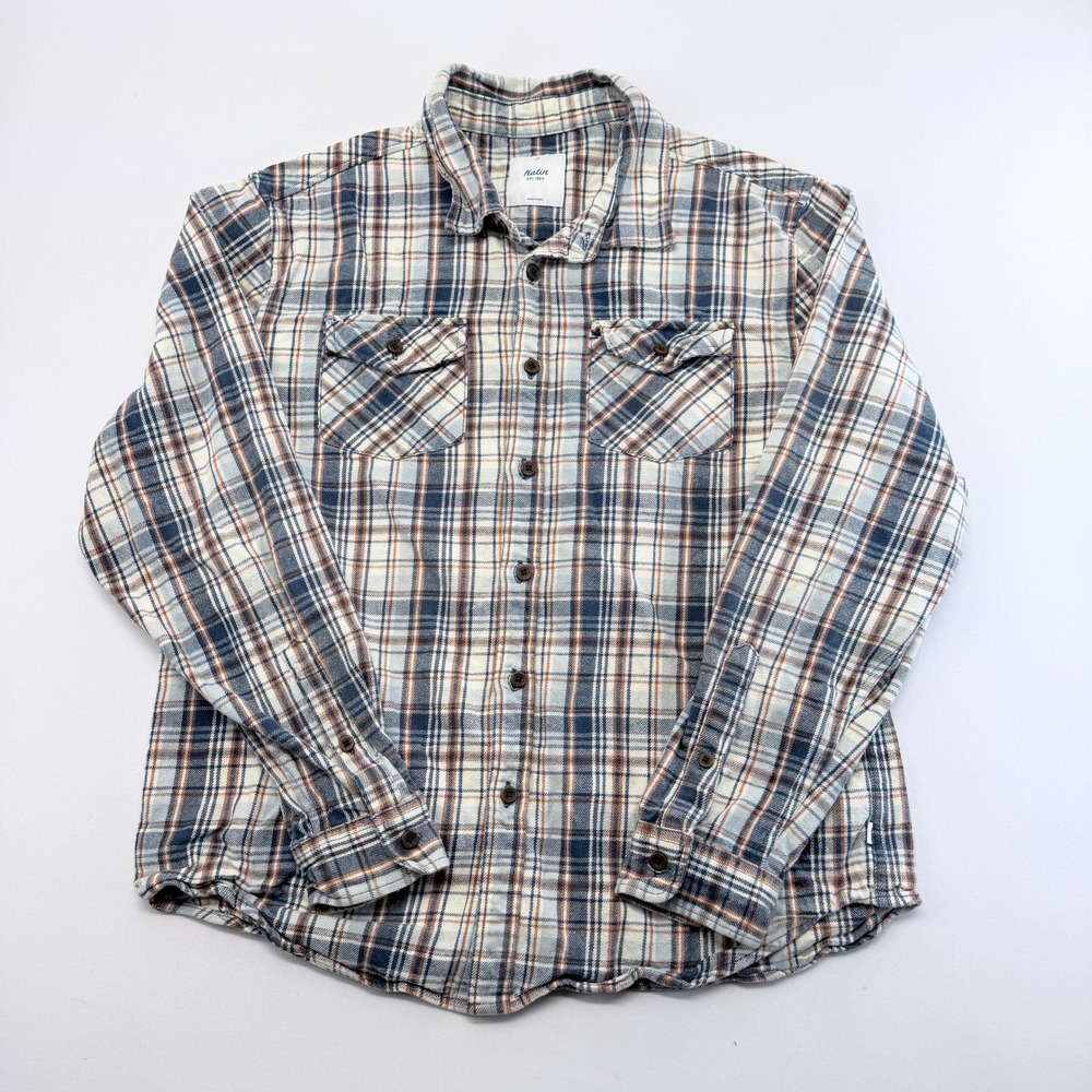 Katin Mens Large Plaid Flannel Button Down Shirt Blue Orange Cotton